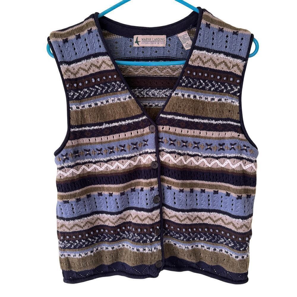 Vtg Marsh Landing Knit Vest Womens M Blue Green Striped Embroidered Cottagecore